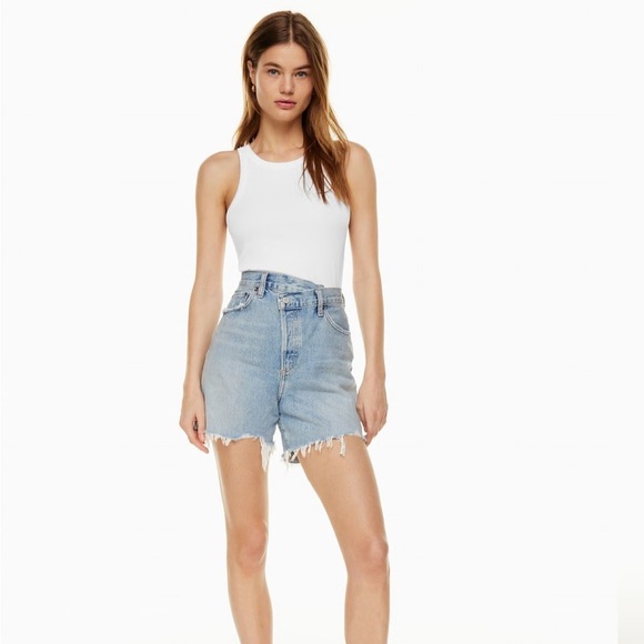 AGOLDE Criss Cross Symbol Medium Indigo Wash Asymmetrical Cutoff Jean Shorts - Picture 2 of 11